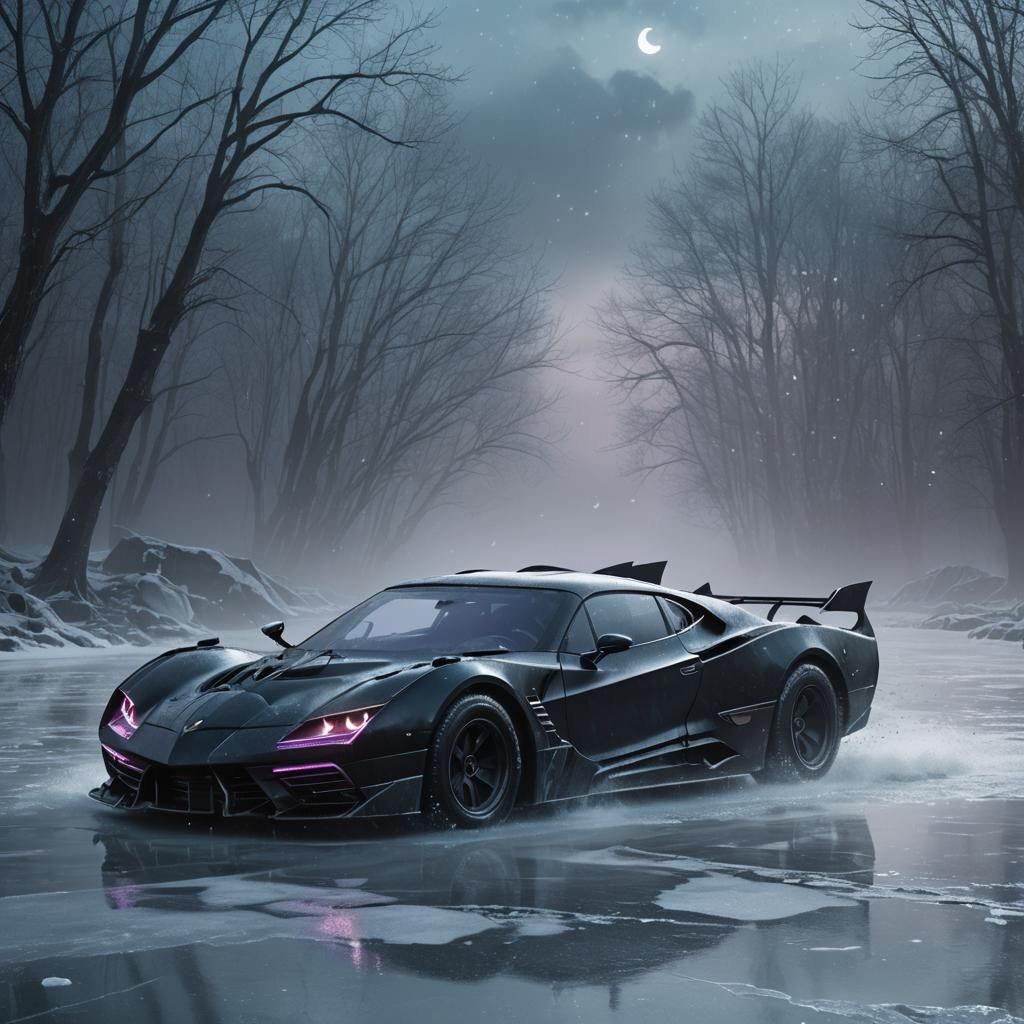 Batmobile on Icy Lake: Gothic Fantasy Concept Art