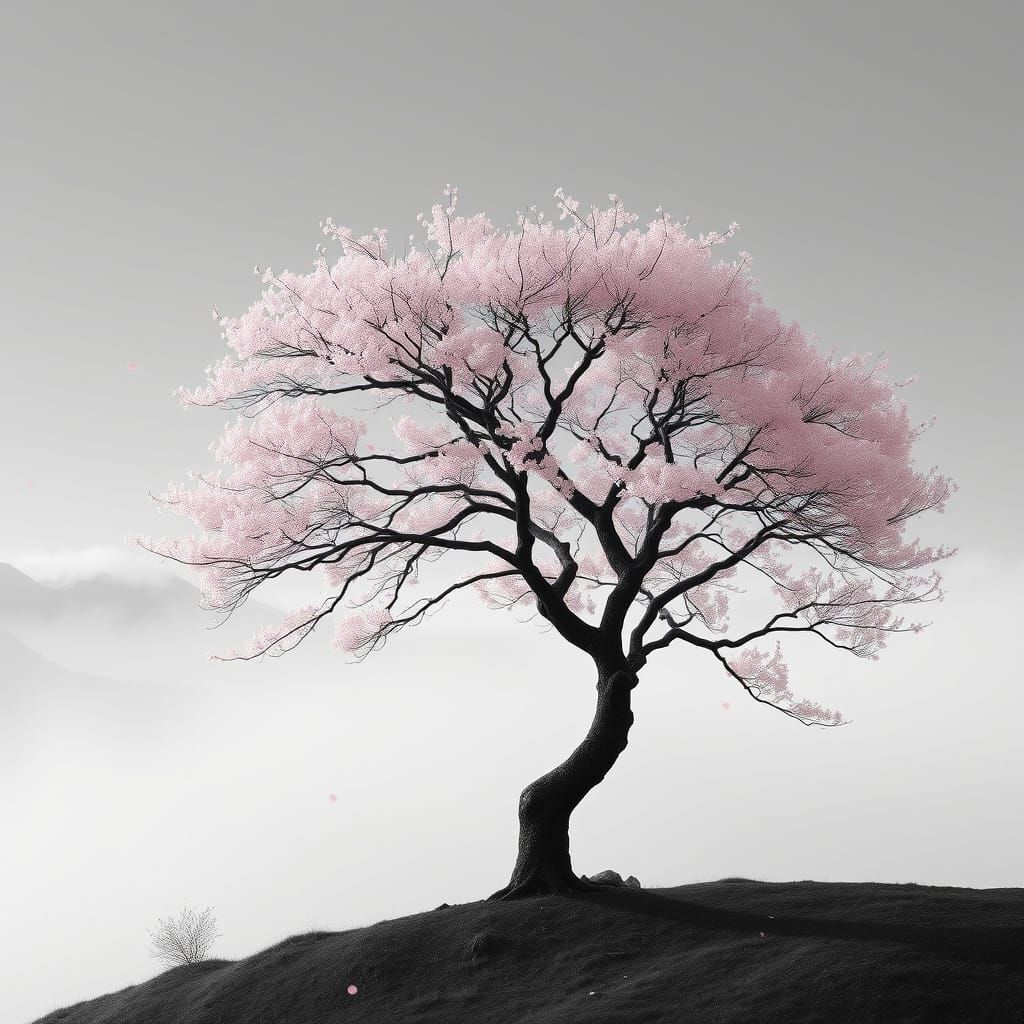 Surreal Japanese Cherry Blossom Scene in Monochrome