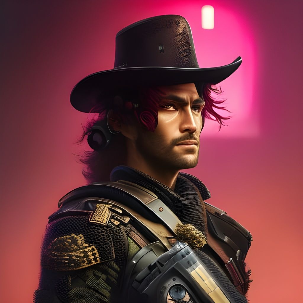 Futuristic Cowboy Sheriff in Cyberpunk Western Landscape