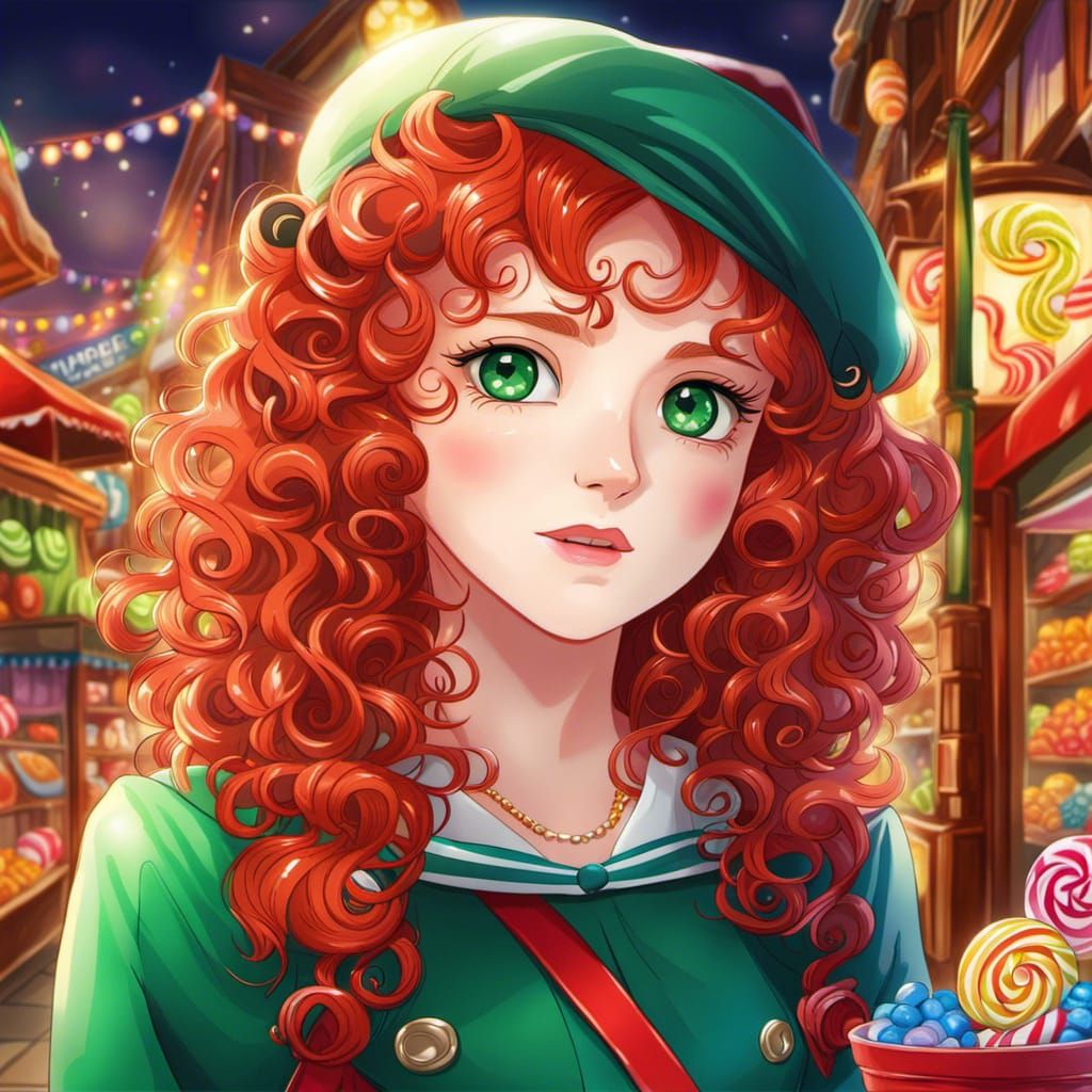 Anime Girl Portrait with Red Hair in Candy Store