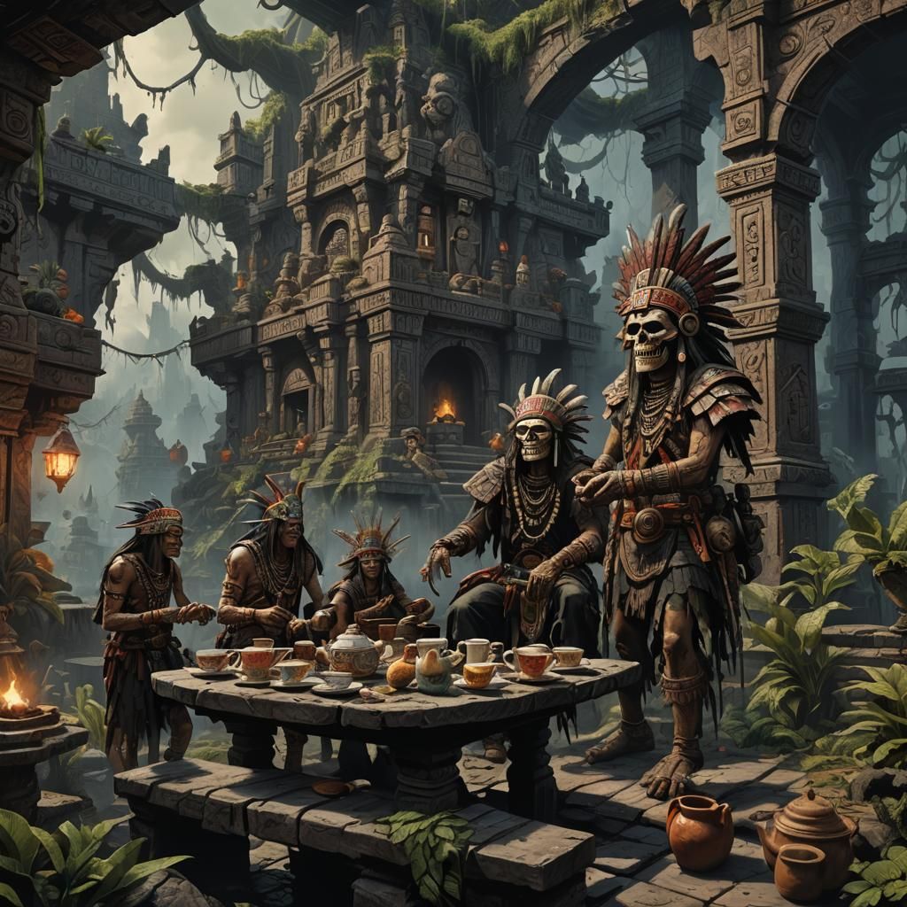 Haunted Aztec Tea Party in Brushed Charcoal Style