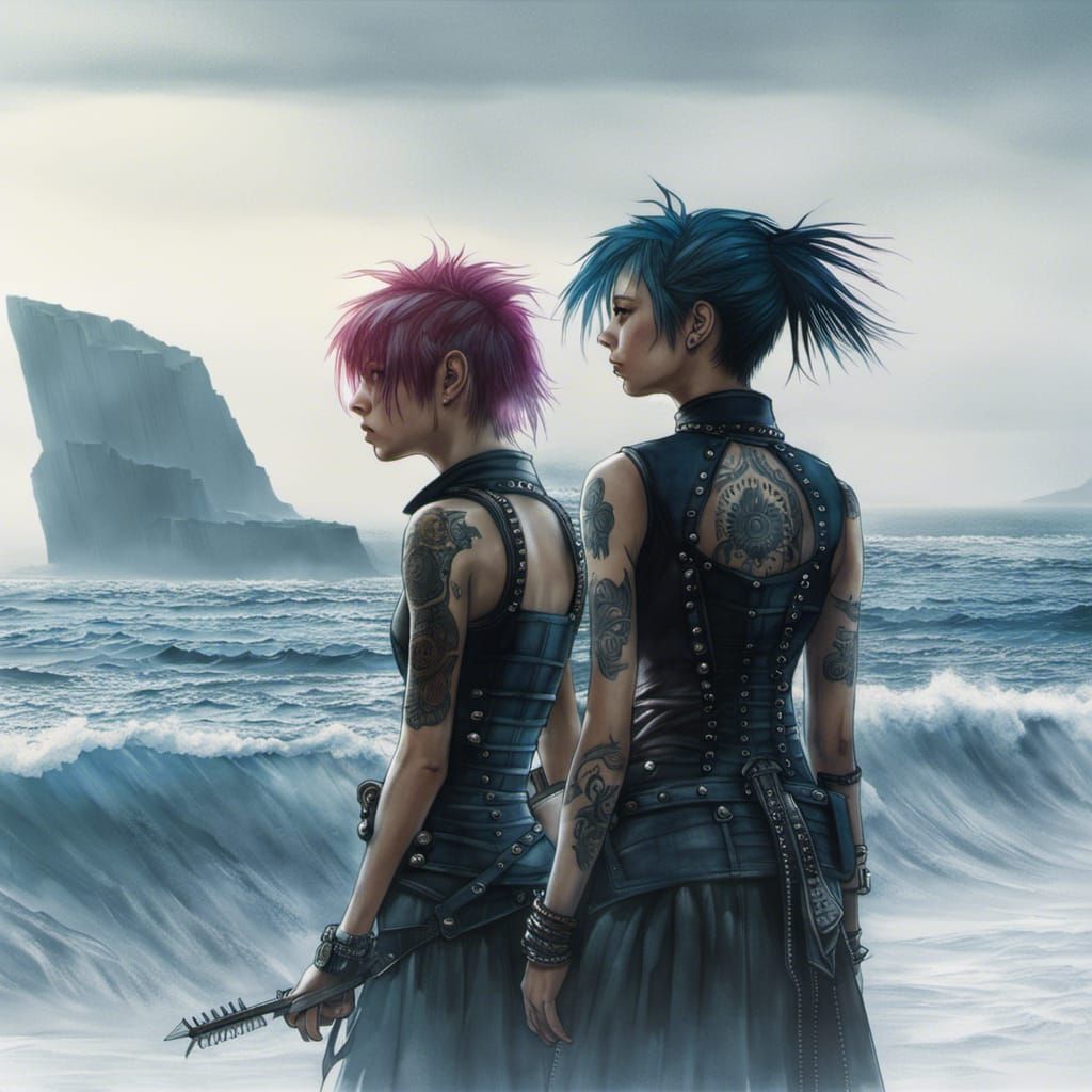 Punk Girls Near Ocean: Cinematic Blueprint Art
