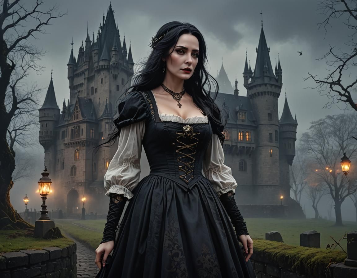 Morticia Addams in Dirndl at Gothic Castle