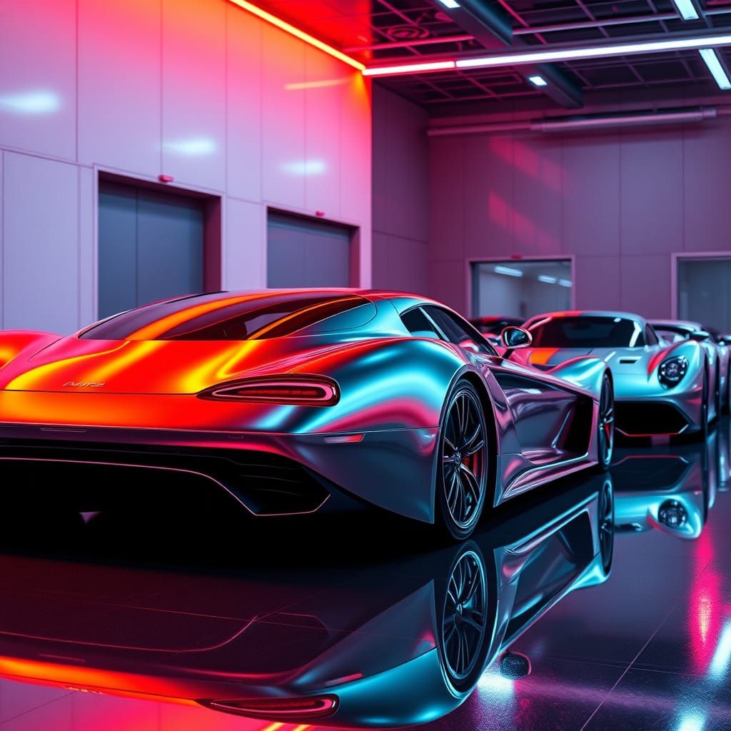 Futuristic Metallic Cars in Neon-Lit Garage