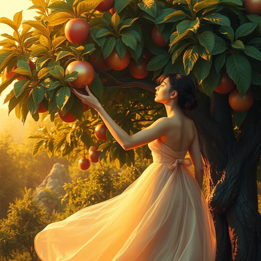 Woman Reaching for Iridescent Fruit in Dreamlike Landscape