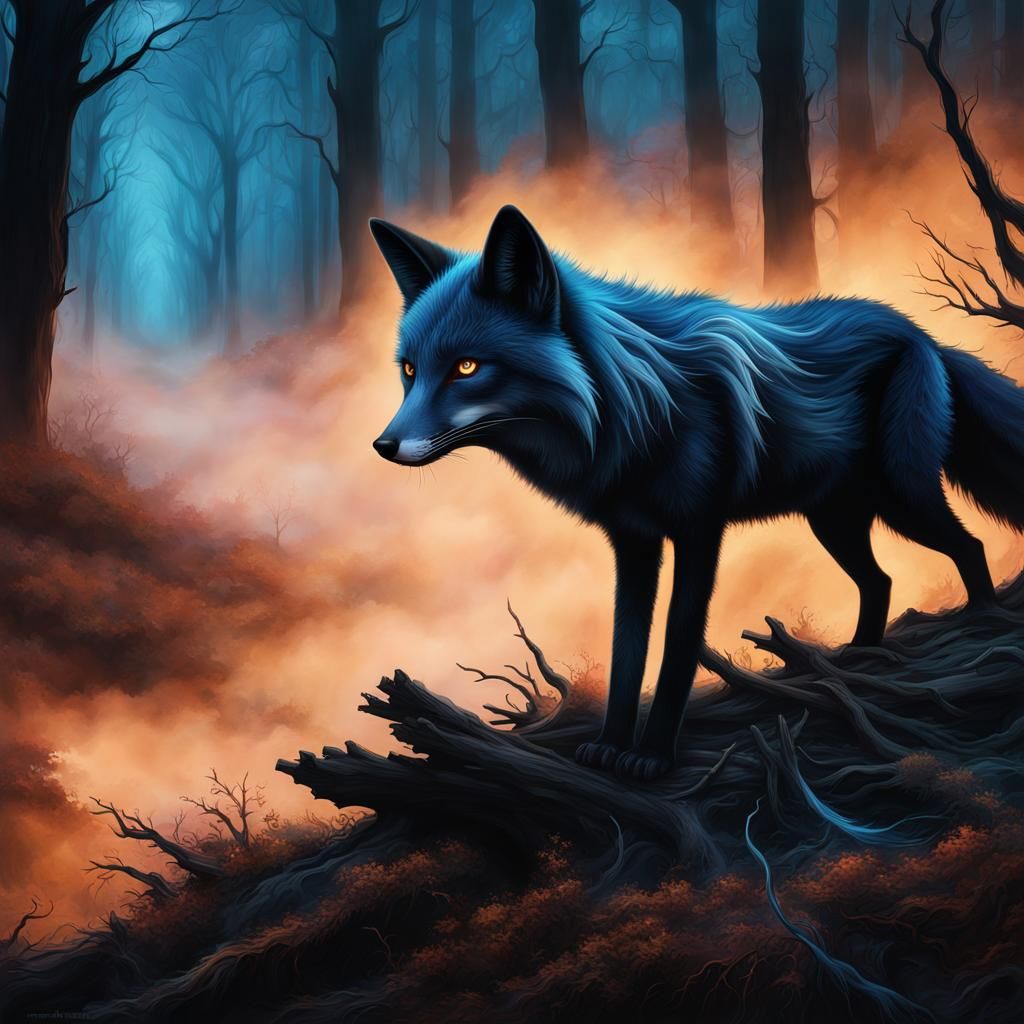 Mysterious Dark Fox in Dreamlike Dead Forest