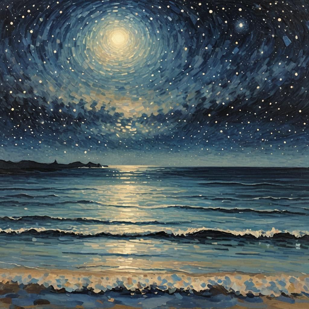 Dreamy Pointillist Waves Under Moonlight