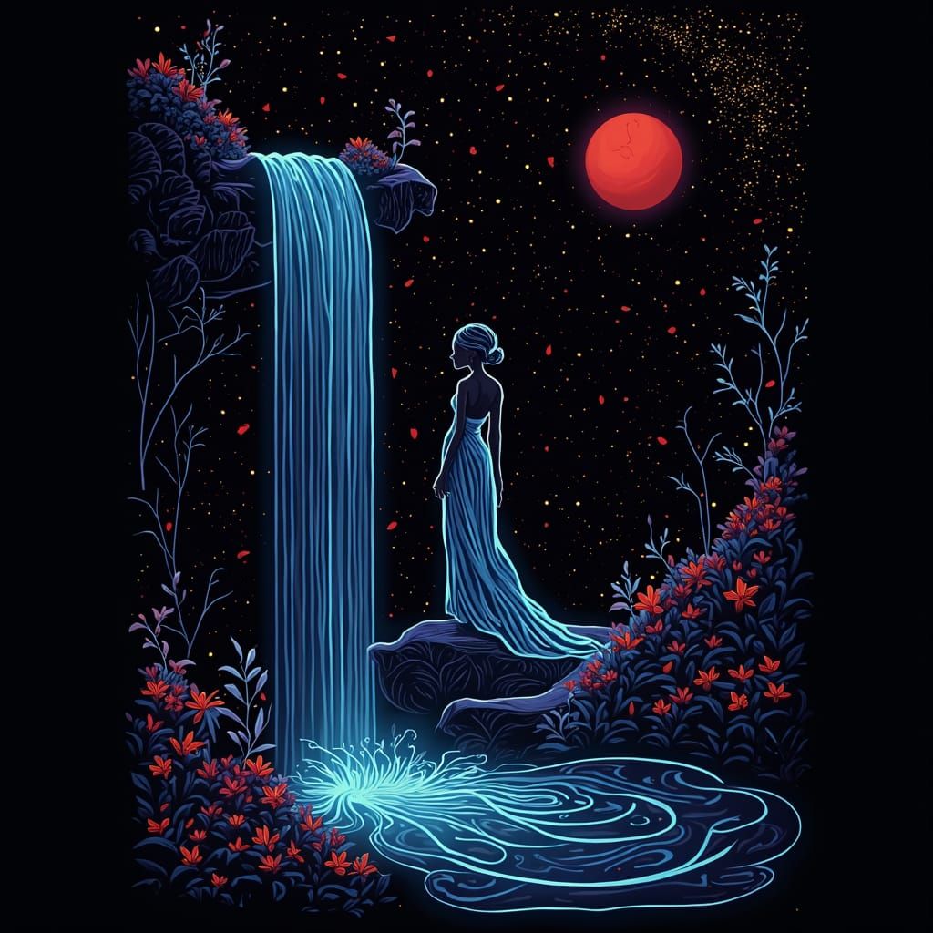Bioluminescent Woman Ascending Waterfall in Vector Art