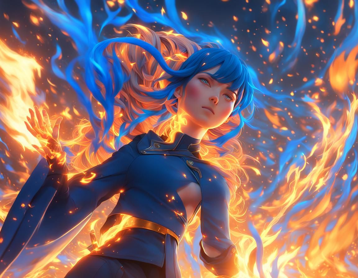Anime Woman Firebending Blue Flames in 3D Art