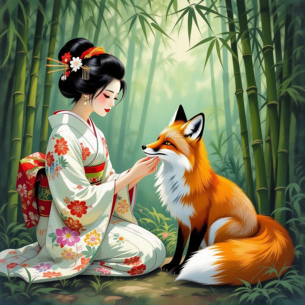 Serene Woman and Nine-Tailed Fox in Gouache Style