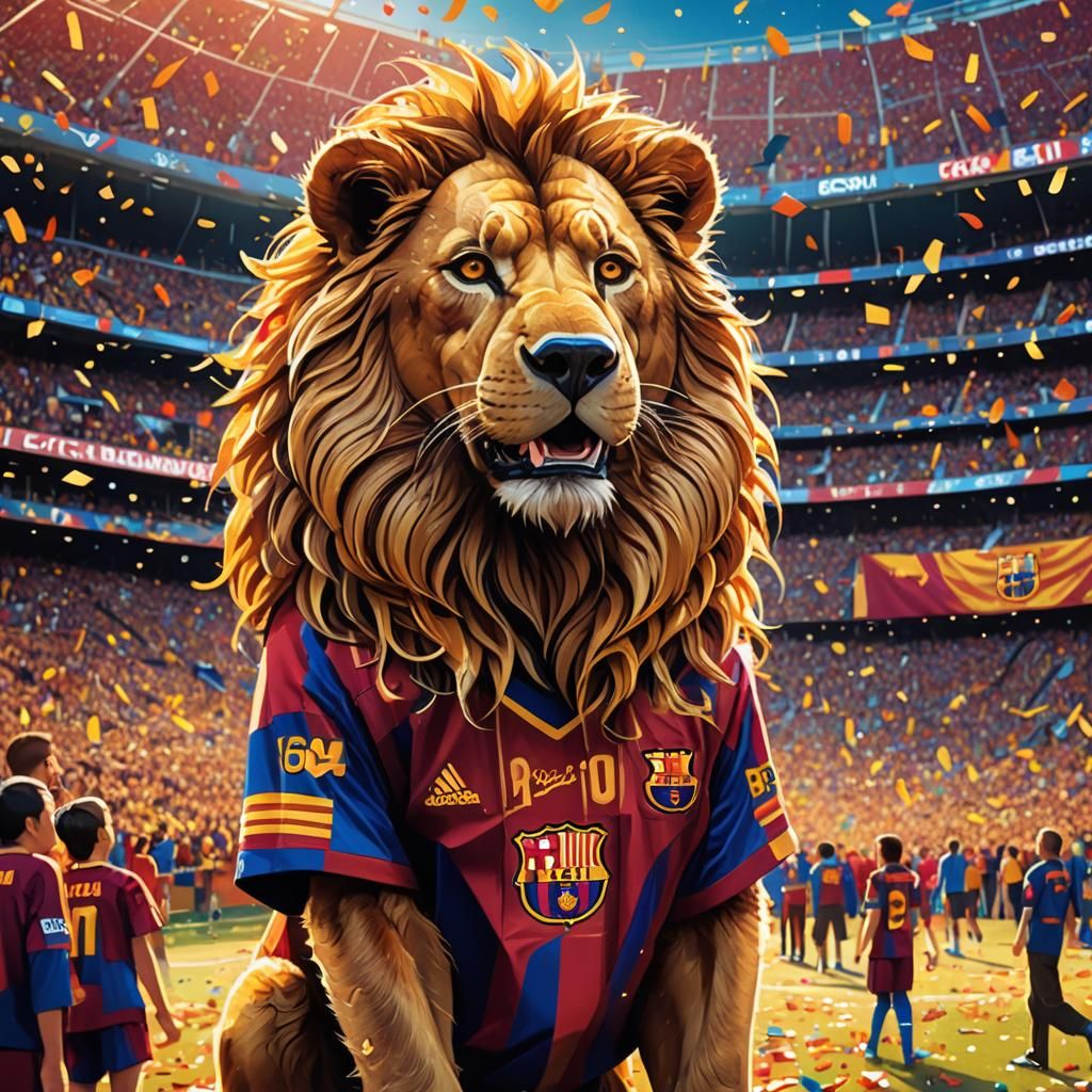 Barcelona Mascot: Lion-Dog in Camp Nou Stadium