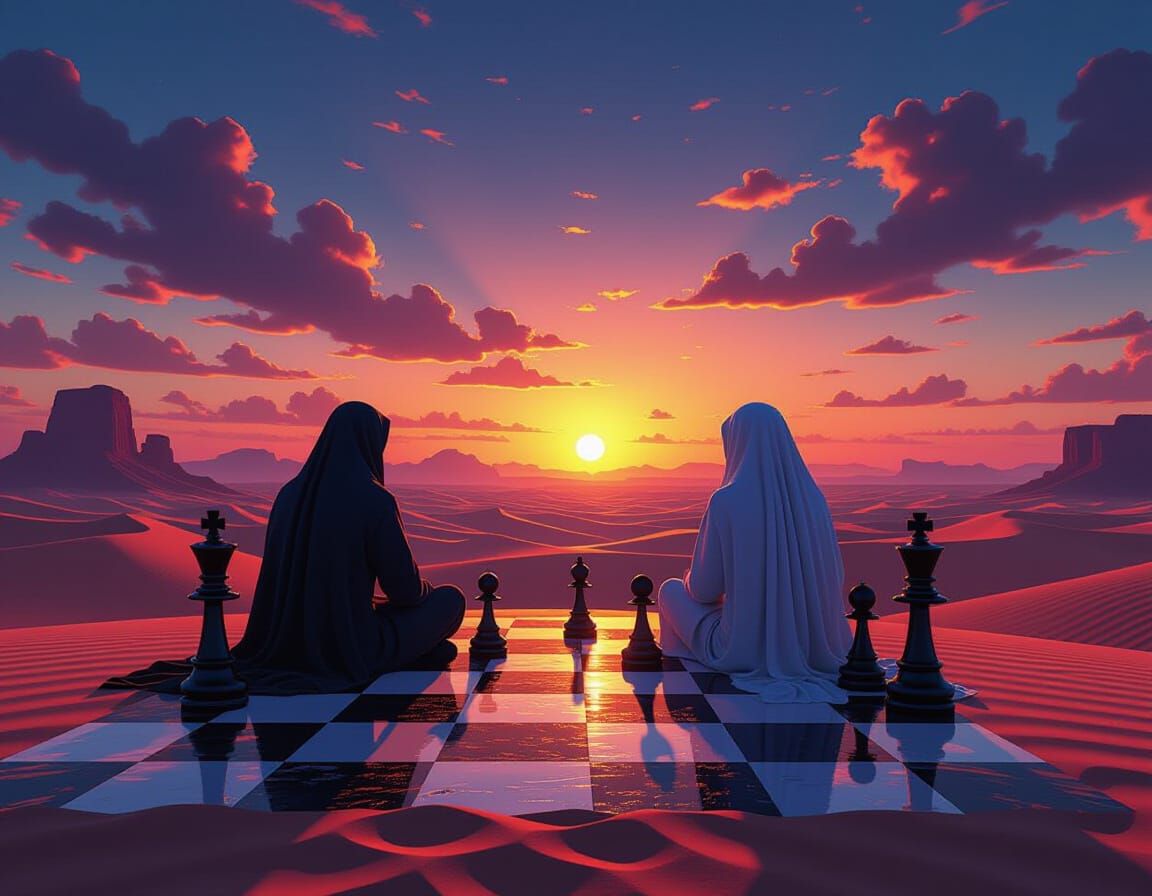 Mystical Desert Sunset Chess Game Digital Art