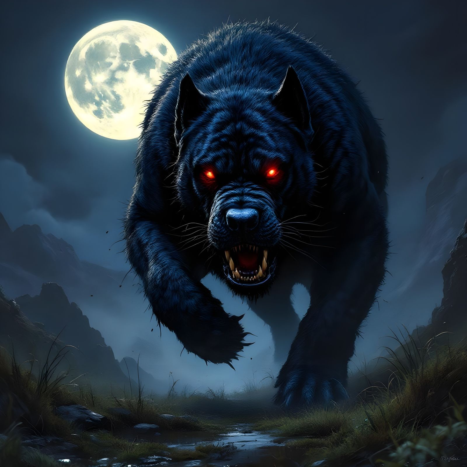 Coal Black Cu'Sith Hellhound in Scotland, Hyperrealistic Art