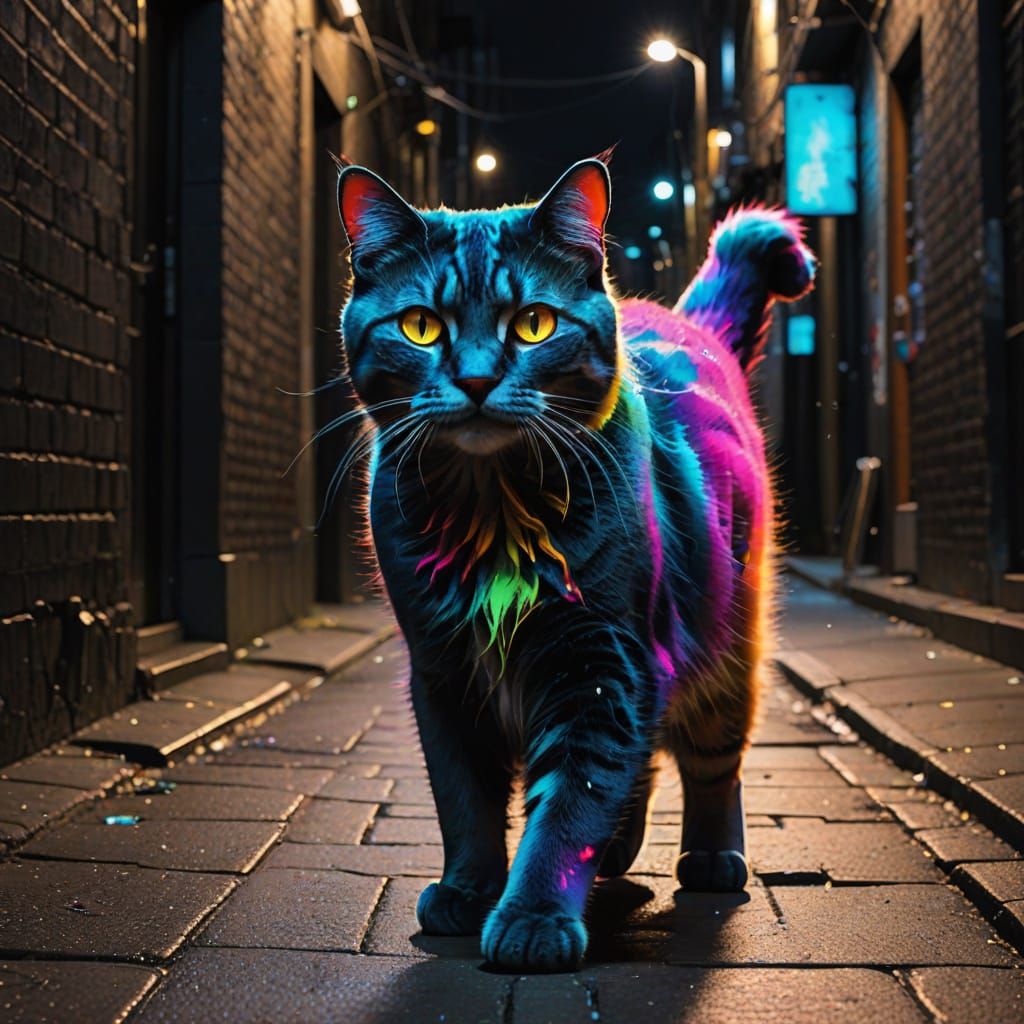 Neon Cat Stalking Dark Alley in Swirls of Color