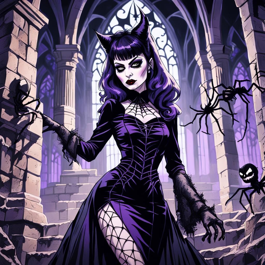 Gothic Catgirl as Elvira in Burtonesque Style