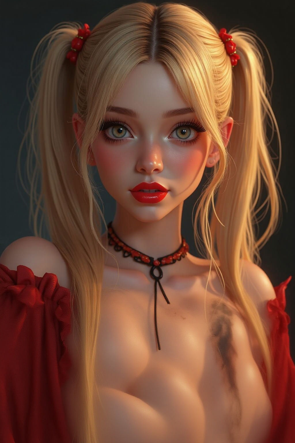Fantasy Portrait of Blonde Woman with Red Lipstick