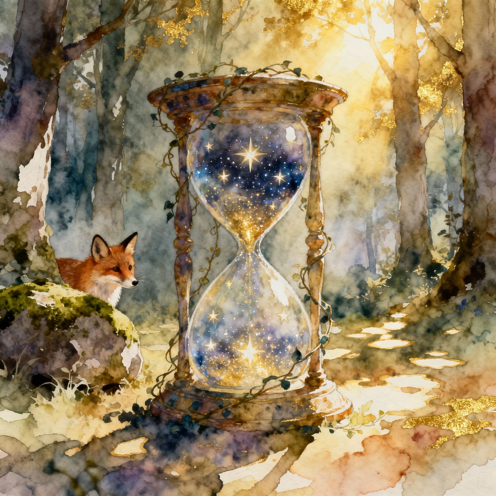 Magical Hourglass in Sunlit Forest, Ethereal Style