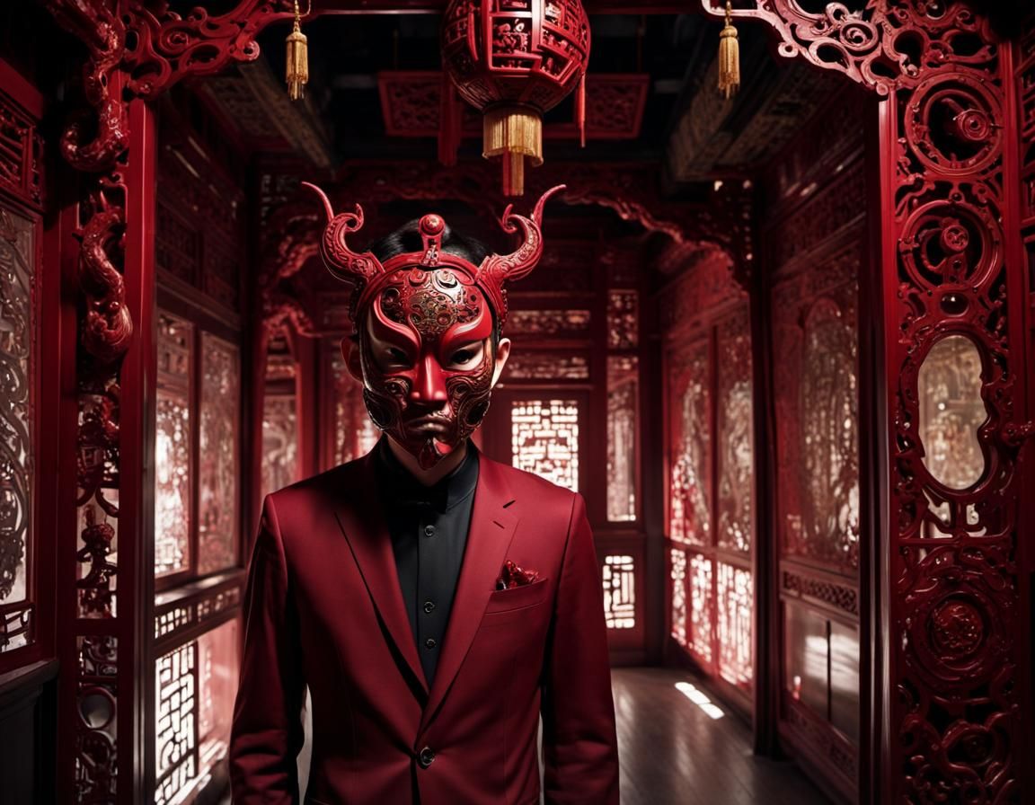 Mysterious Red-Suited Man in Elaborate Lair