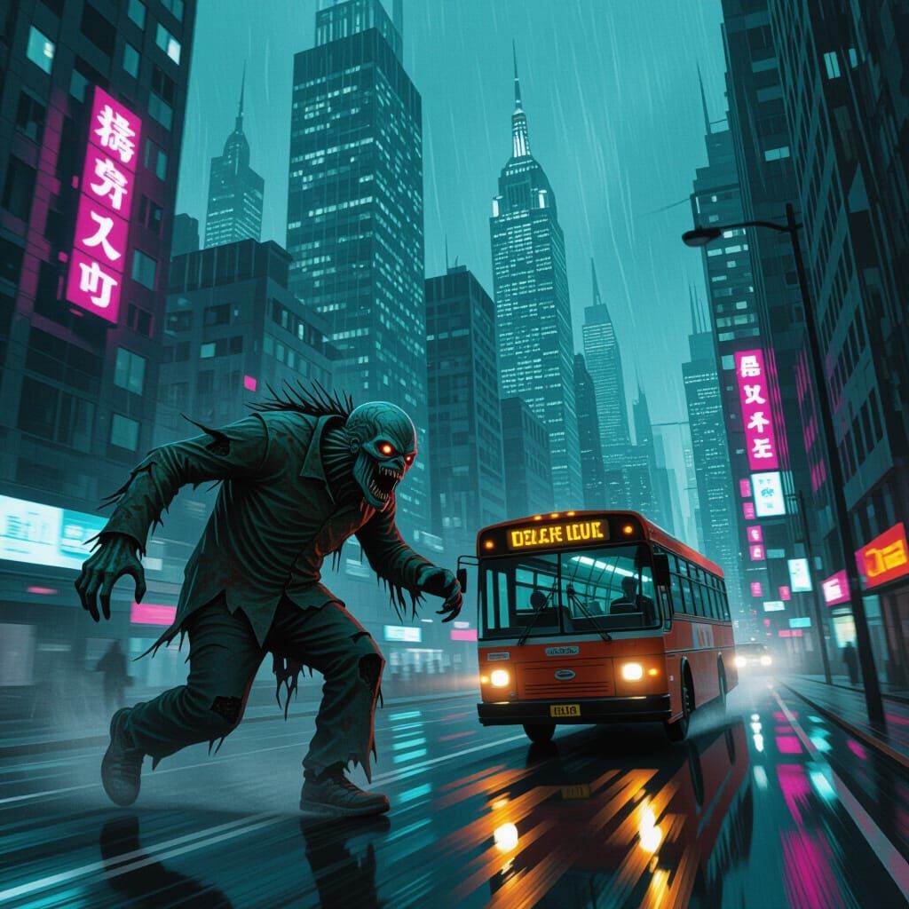Monster Chases Bus in Haunted Cityscape