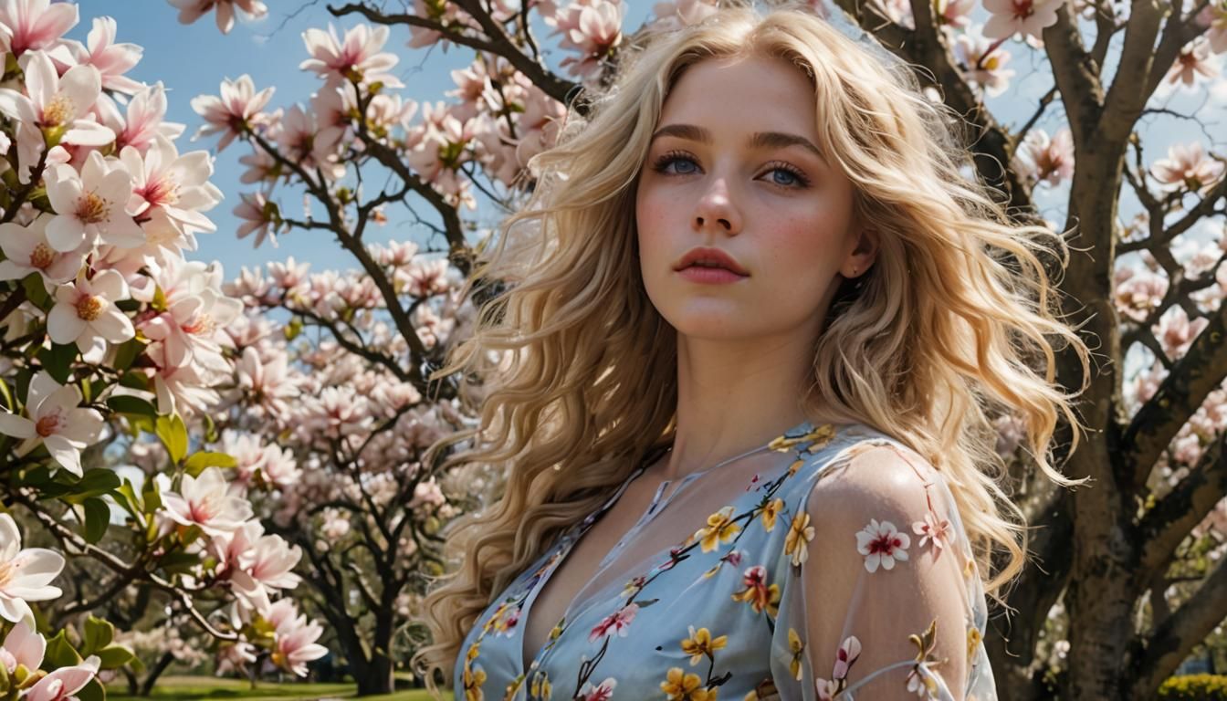 Blonde Model in Sunny Thunderstorm, Photorealistic Image