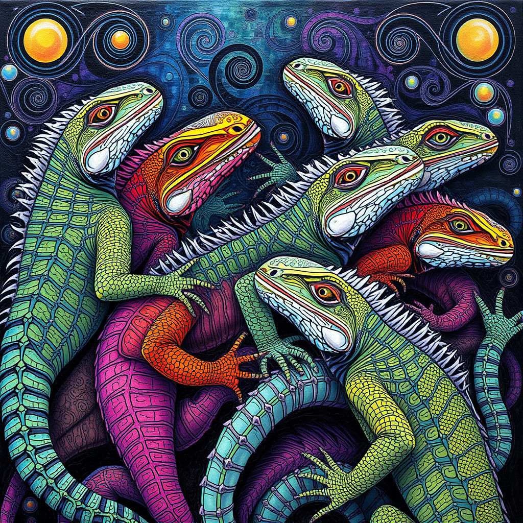 Psychedelic Iguanas in Impasto Oil Painting
