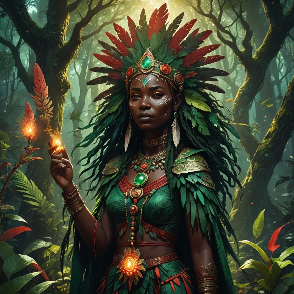 Orixa Ogum in Lush Forest: Fantasy Concept Art