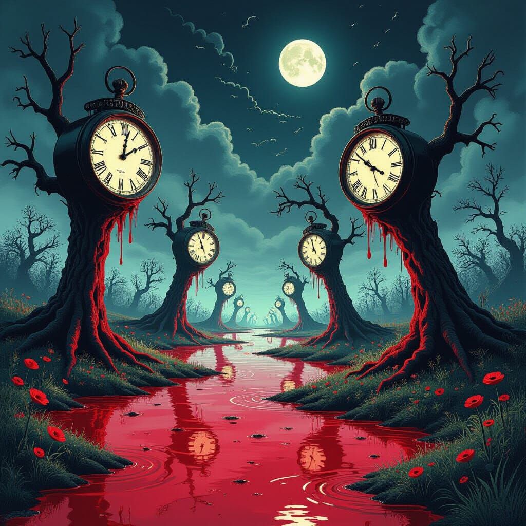 Surreal Landscape with Jumping Clocks and Blood Ponds
