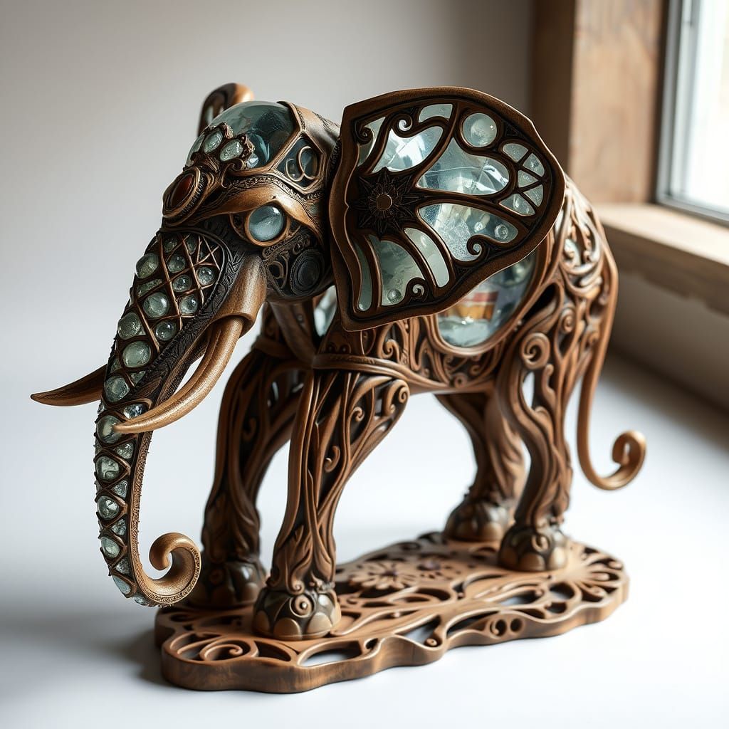 Elephant Sculpture: Wood and Glass in Art Nouveau Style