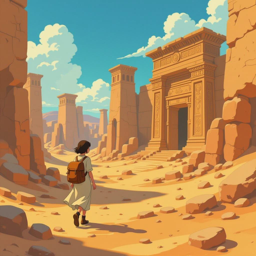 Young Traveler in Lost City Ruins, Ghibli Style