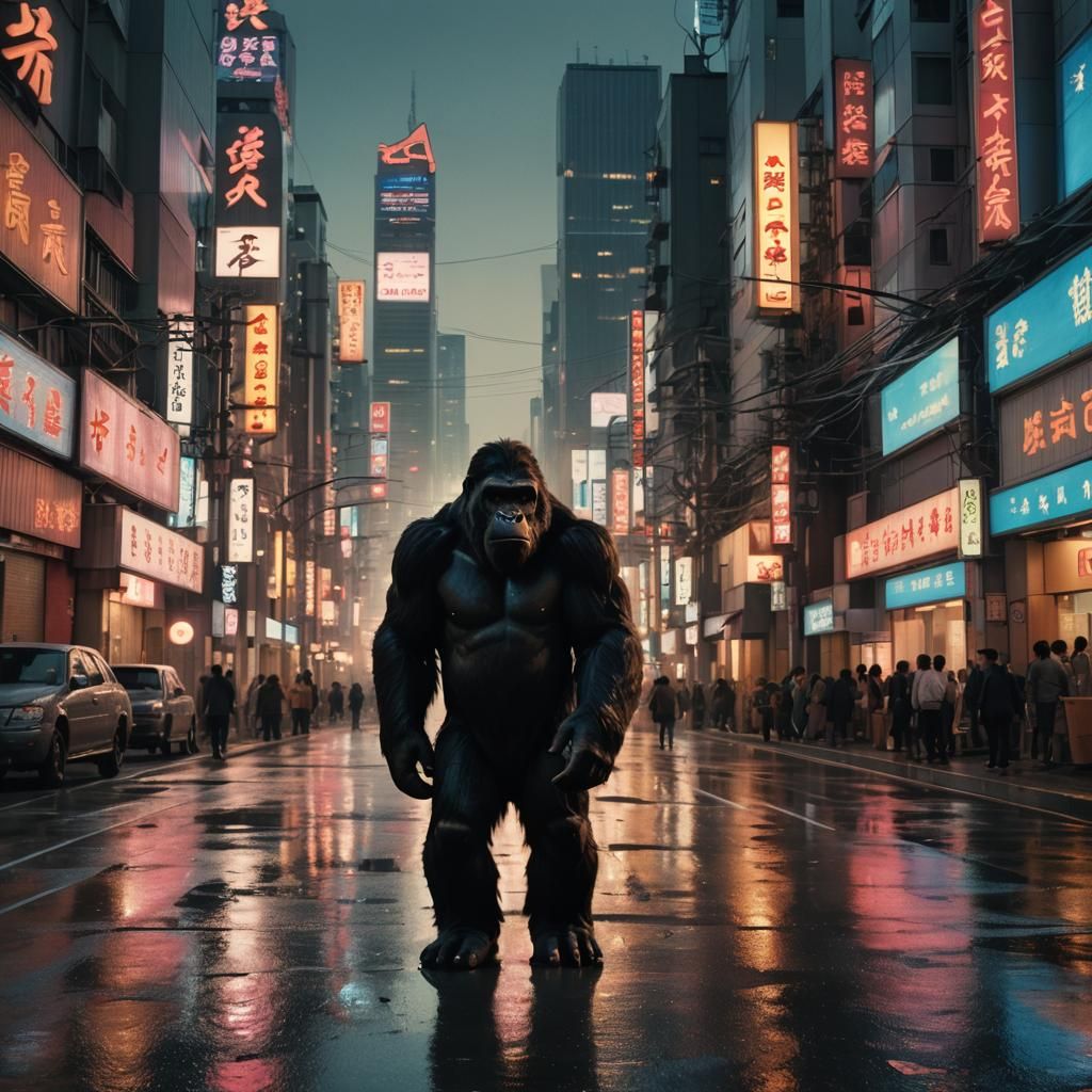 King Kong in Futuristic Japanese Cityscape