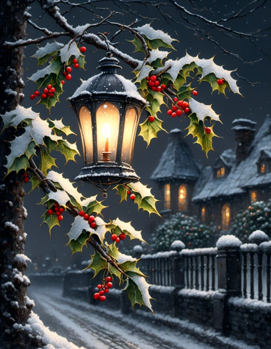 Lantern on Holly Branch in Snowy Night, Oil Painting