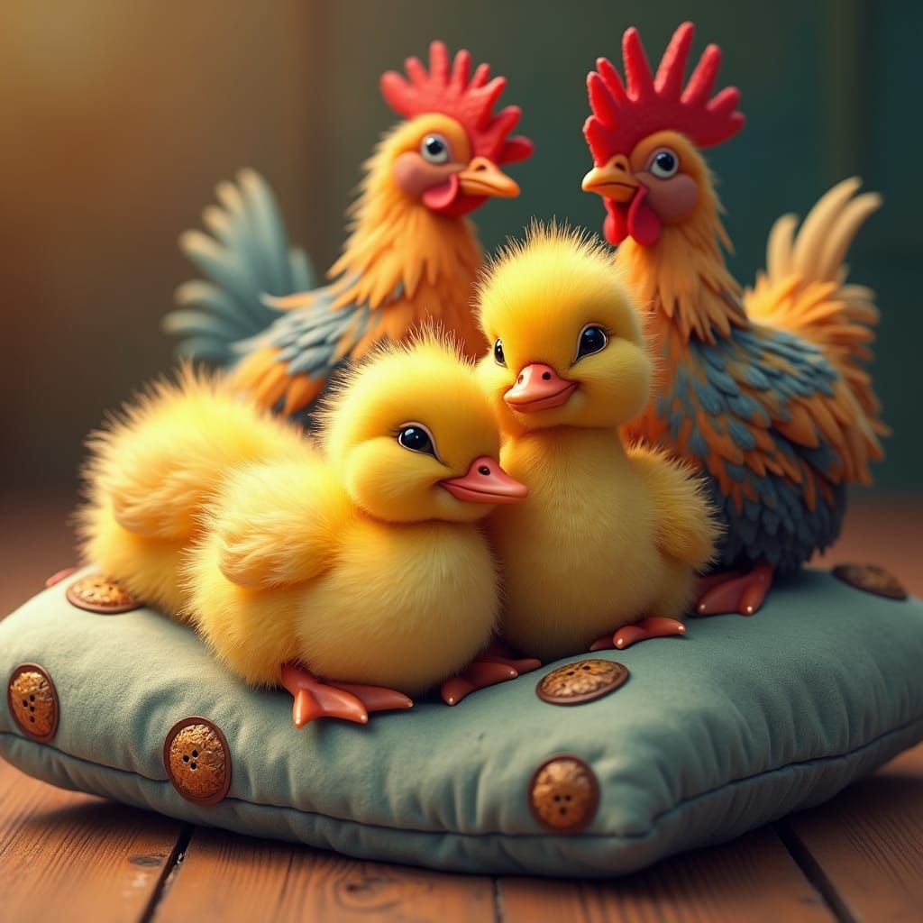 Fluffy Ducklings and Chickens on Plush Cushion