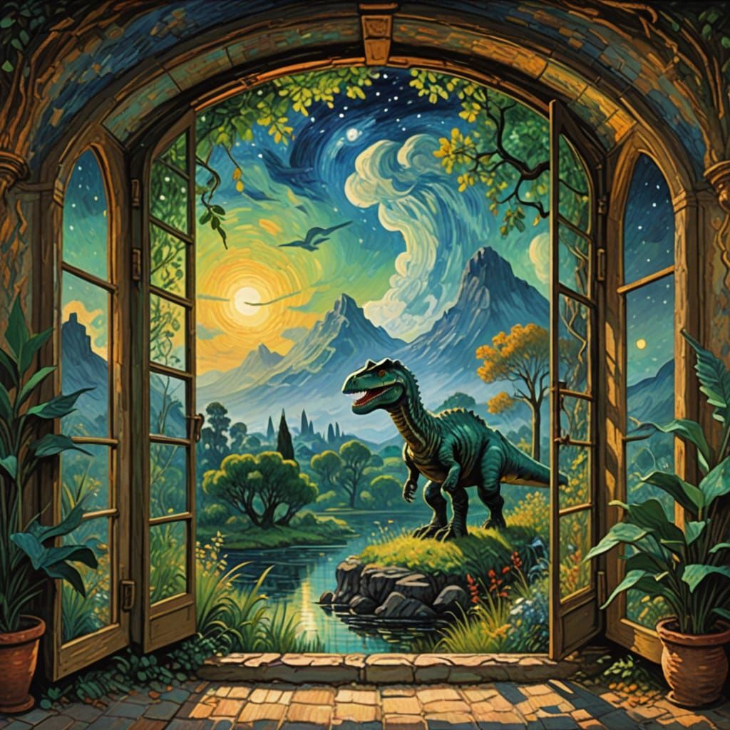 Fantastical Prehistoric Scene in Vibrant Oil Painting Style