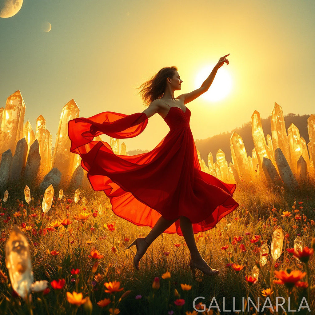 Woman Dances in Crystalline Meadow, Illustration Art