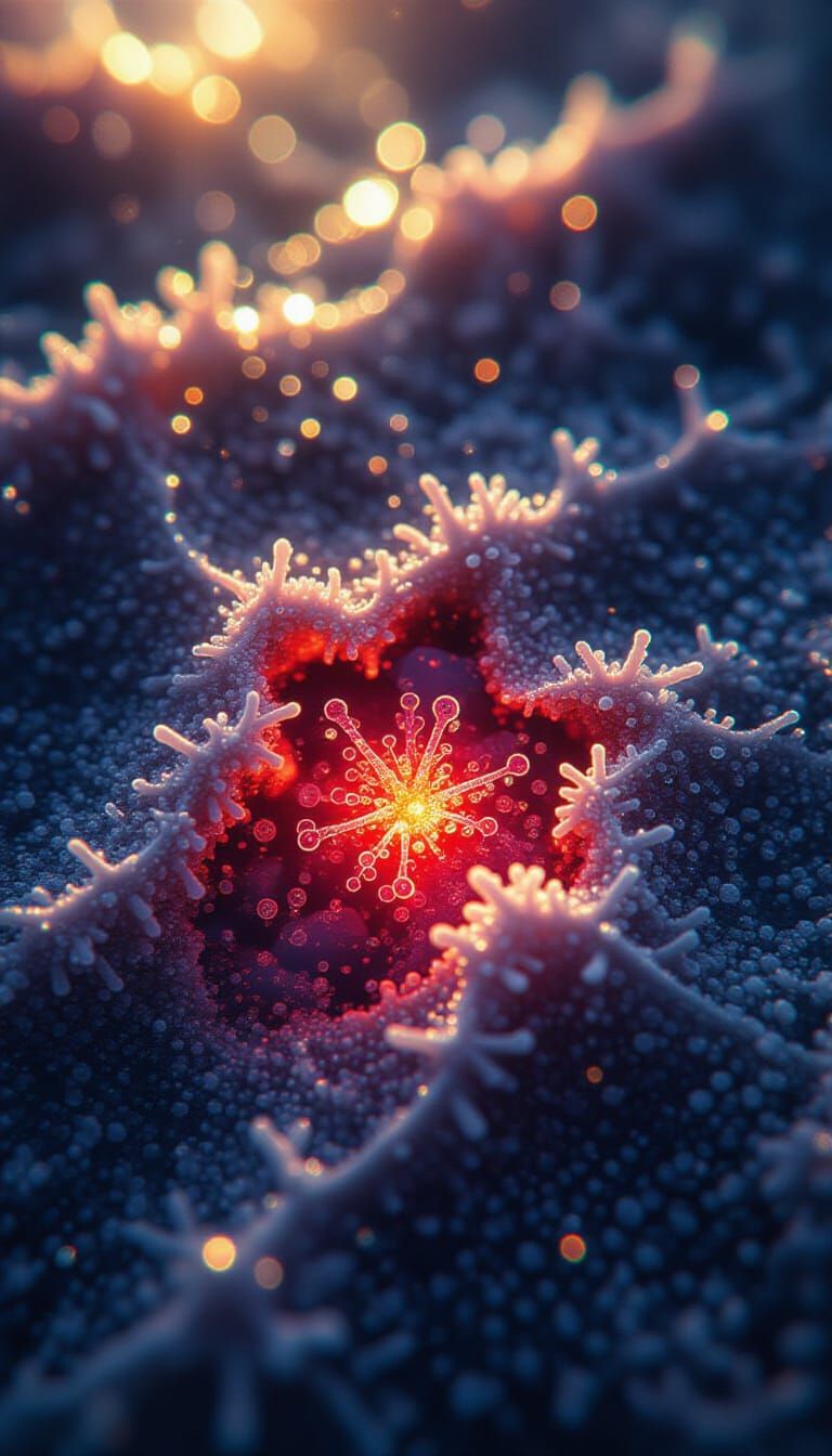 Alien Microorganisms and Glowing Crystals in Vivid Red Water