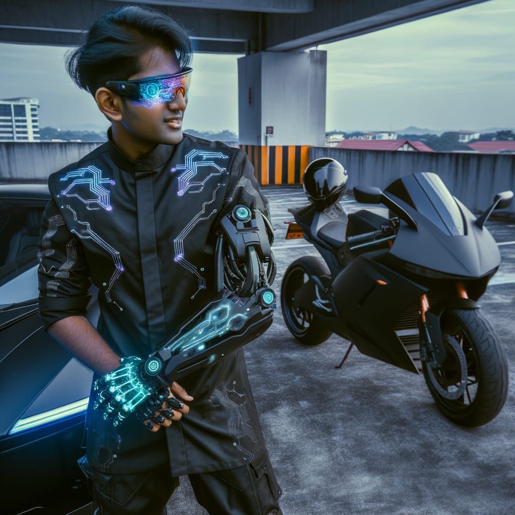 Cyberpunk Engineer with Futuristic Vehicles, Ultra-Realistic...