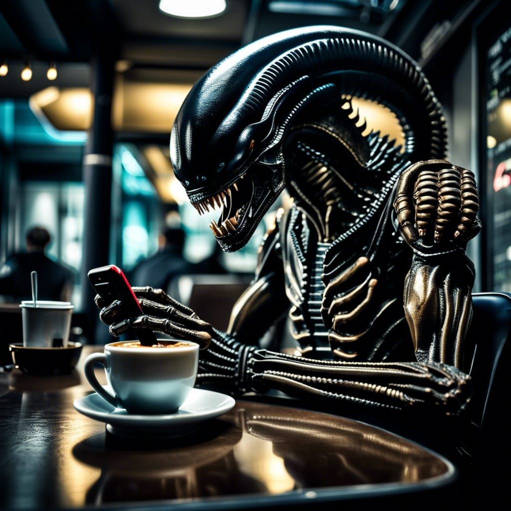 Xenomorph in Cybercity Cafe: Hyperrealistic Portrait