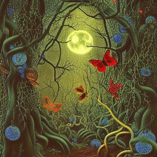 Luminous Forest with Glowing Fungi, Haeckel Style