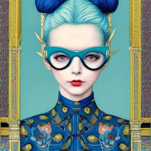 Blue-Haired Woman in Library: Pop Surrealism