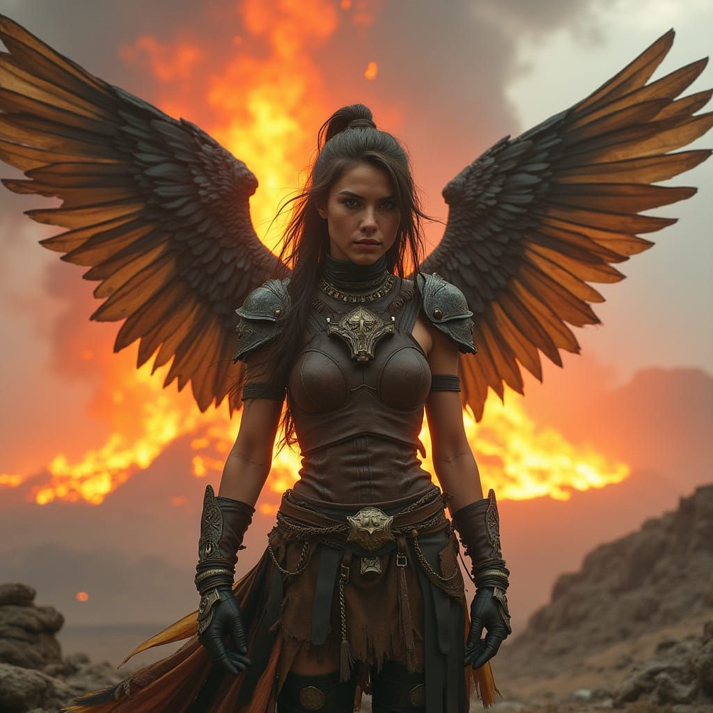 Armored Winged Warrior in Dystopian Landscape