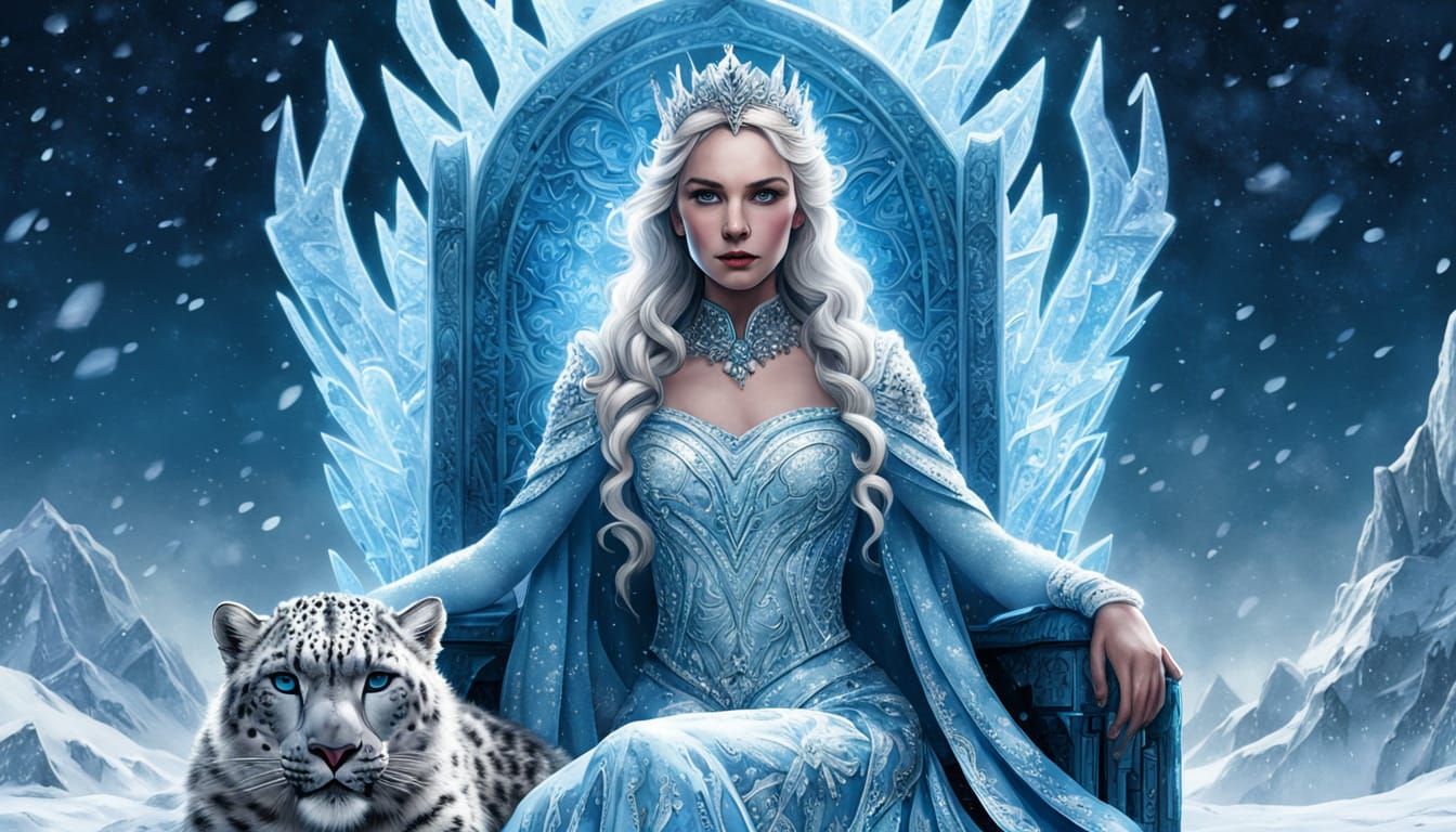 Ice Queen on Throne with Snow Leopard, Comic Art