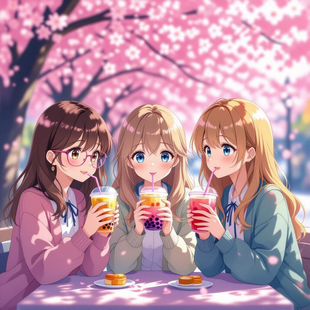 Anime Girls Enjoy Bubble Tea Under Cherry Blossoms
