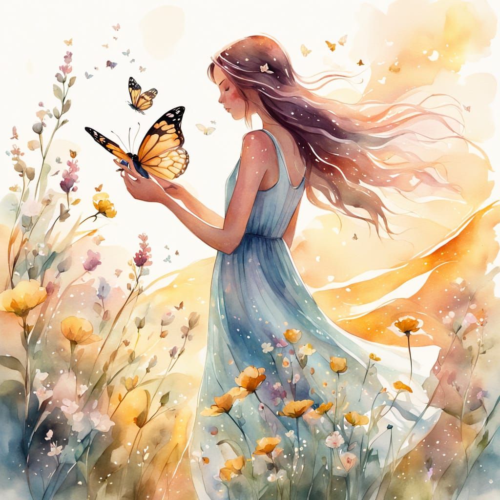 Girl Photographs Butterfly in Whimsical Watercolor Illustrat...