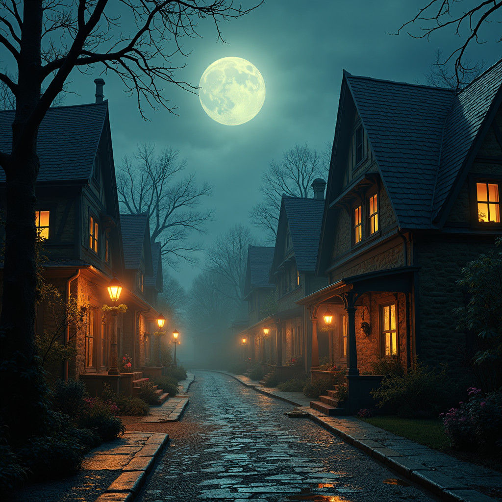 Mystical Gothic Halloween Town in Film Grain Aesthetic