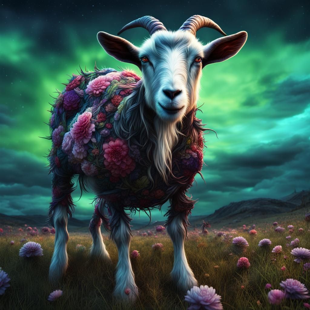 Frankenstein Goat in a Sci-Fi Meadow