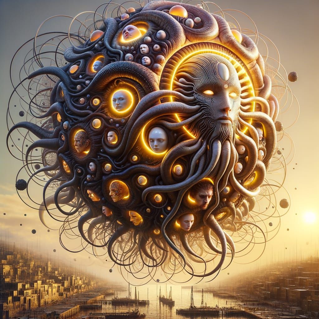 Colossal Multi-Faced Monster Above City in Matte Painting St...