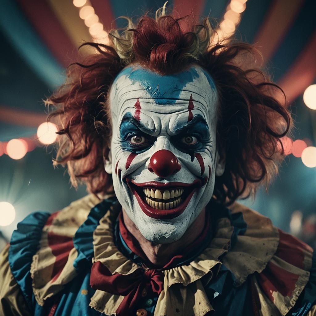 Menacing Clown Grin in Dark Carnival Tent