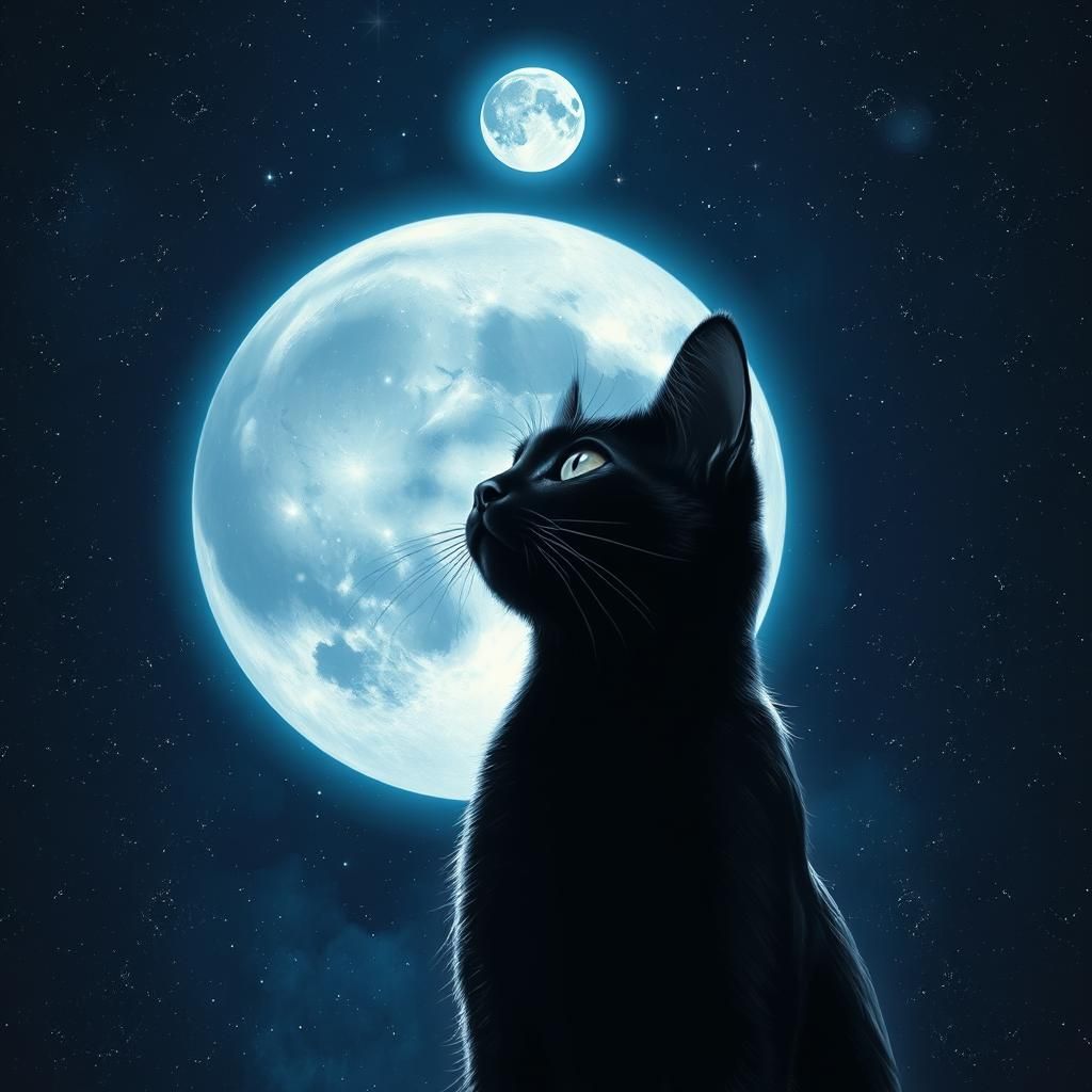 Black Cat Gazes at Moon in Chiaroscuro Style