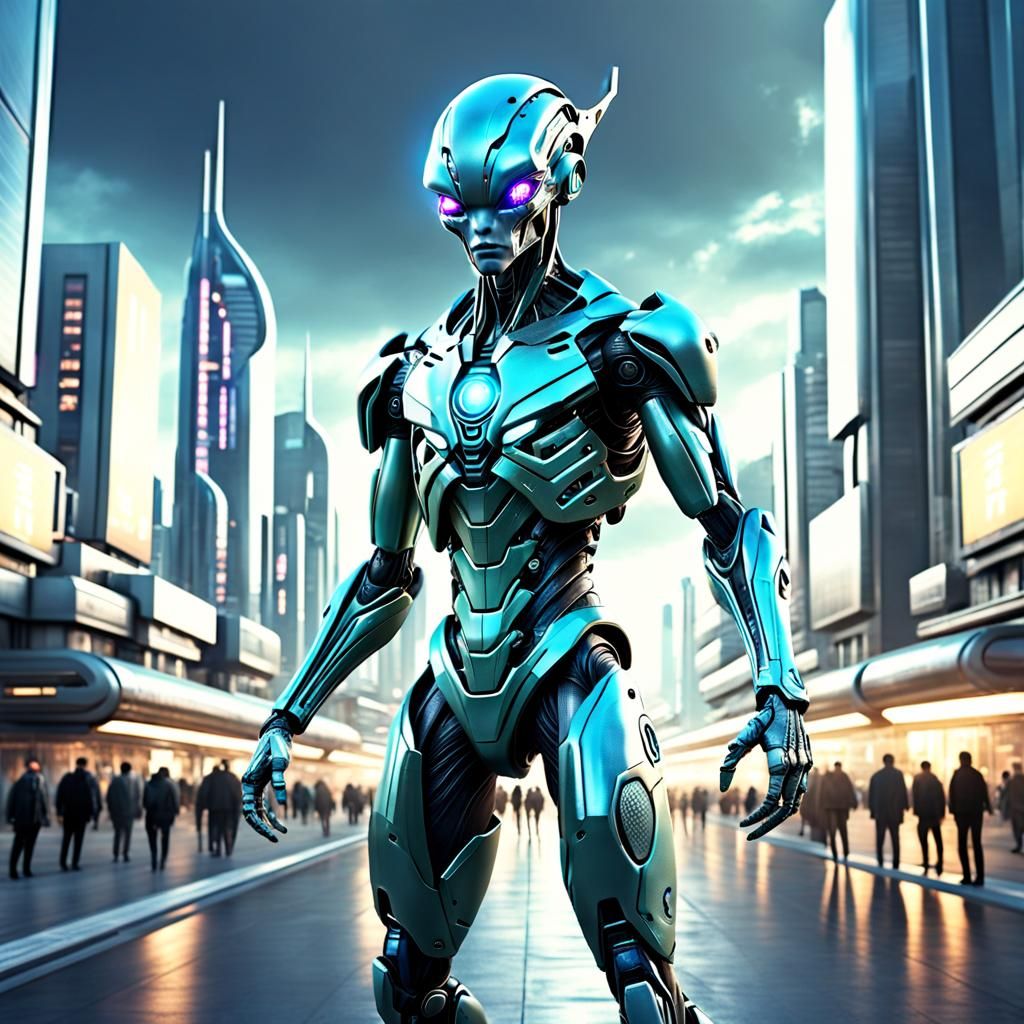Hyperrealistic Alien Cyborg Human Hybrid in Sci-Fi City