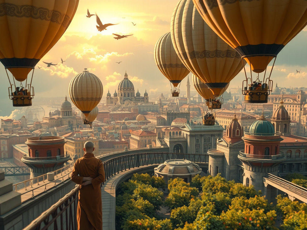 Steampunk Monk City Floating in the Sky